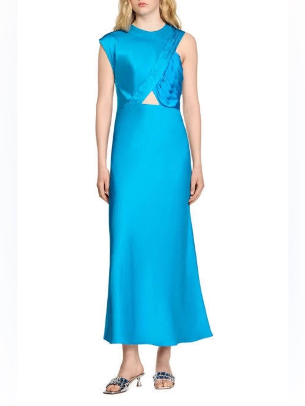 Sandro Barbara Cutout Turquoise Satin Maxi Dress